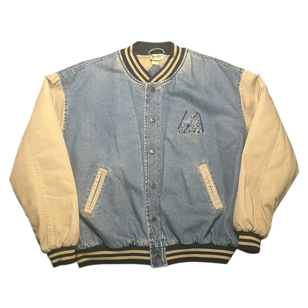 Vintage 90s Disney World Where Magic Mickey Mouse Denim Varsity Jacket Size L
